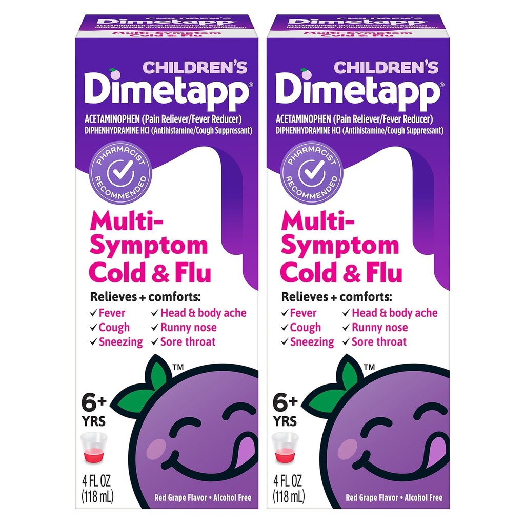 Children’s Dimetapp Multi-Symptom Cold & Flu Medicine, Antihistamine, for Fever; Sneezing, Cough, Head & Body Ache, Sore Throat, Grape Flavor, Alcohol-Free, 4 FL OZ (Pack of 2)