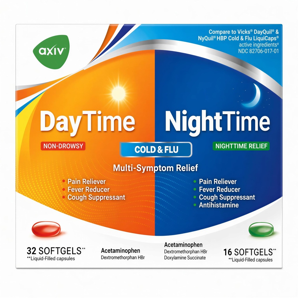 AXIV Day & Night Cold & Flu Medicine Combo Pack Softgels, Daytime & Nighttime Relief for Headache, Fever, Sore Throat, Minor Aches & Pains, & Cough, 48 Softgels