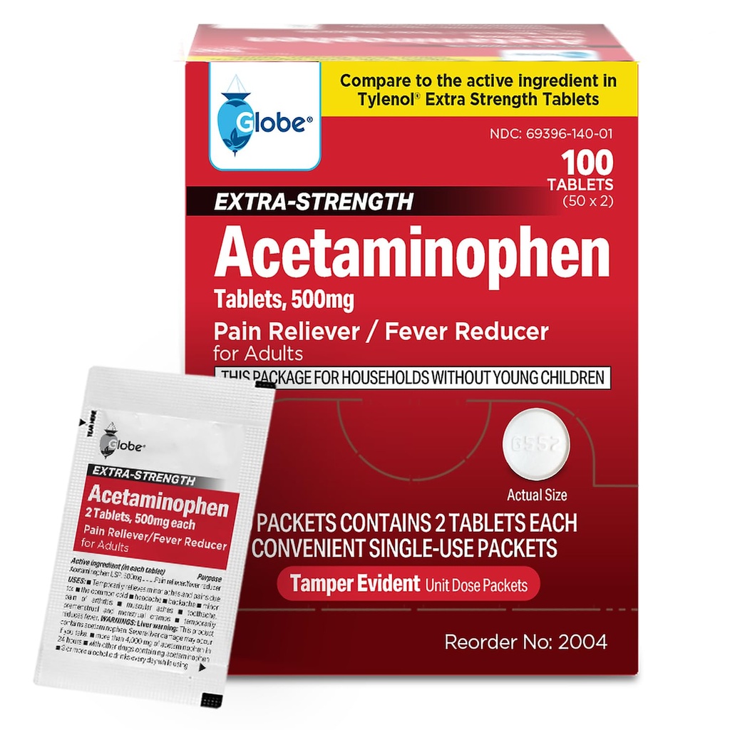 Globe Extra Strength Acetaminophen Tablets 500 mg, Pain Reliever and Fever Reducer, Gentle on Stomach, for Arthritis Pain, Backache Pain and More, 50 Packets of 2 Tablets Each, 100 Count