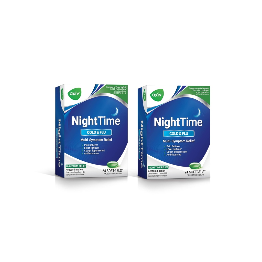 AXIV Nighttime Cold & Flu Relief Softgels, Multi-Symptom Nighttime Relief for Headache, Fever, Sore Throat, Minor Aches and Pains, Sneezing, Runny Nose, and Cough 24 Count (Pack of 2)