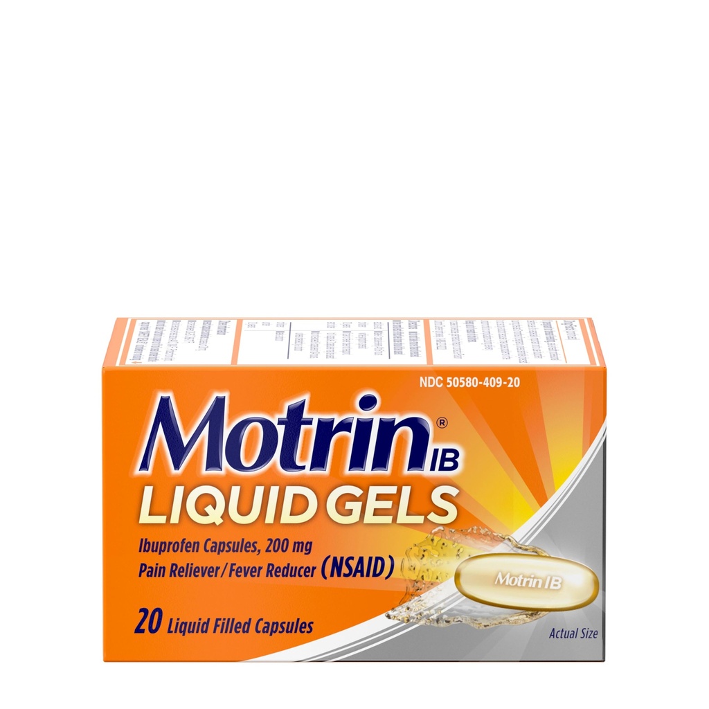 Motrin IB Liquid Gels - Fast-Acting Pain Reliever & Fever Reducer for Adults with 200mg Ibuprofen, Pain Relief from Muscle Aches, Headaches, Backache, Minor Arthritis Pain, or Menstrual Cramps, 20 ct