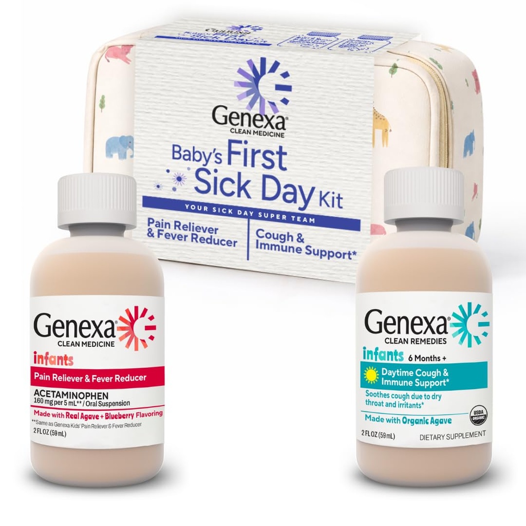 Genexa Baby’s First Sick Day Kit, 2-Pack Gift Set – Infant Pain Relief & Fever Reducer with Organic Baby Cough Syrup & Immune Support, Dye-Free Baby Health Essentials for Infants & Toddlers