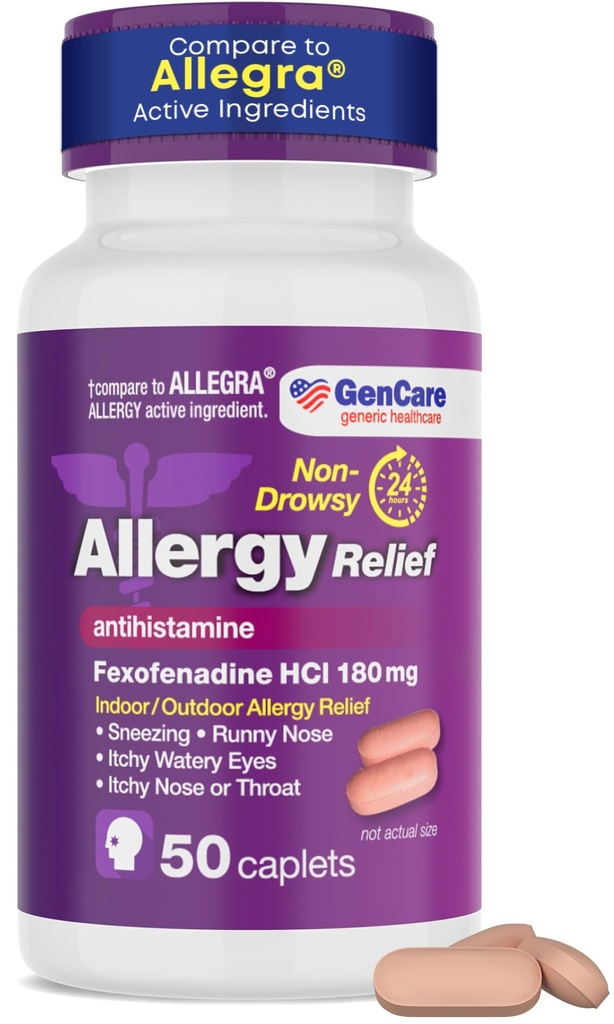 GenCare - Allergy Relief Pills | Fexofenadine HCl 180mg 50 Tablets | Non Drowsy Antihistamine Allergy Pills for Hay Fever, Seasonal Allergies, Outdoor & Indoor Allergies | Relieves Itchy Eyes & Nose