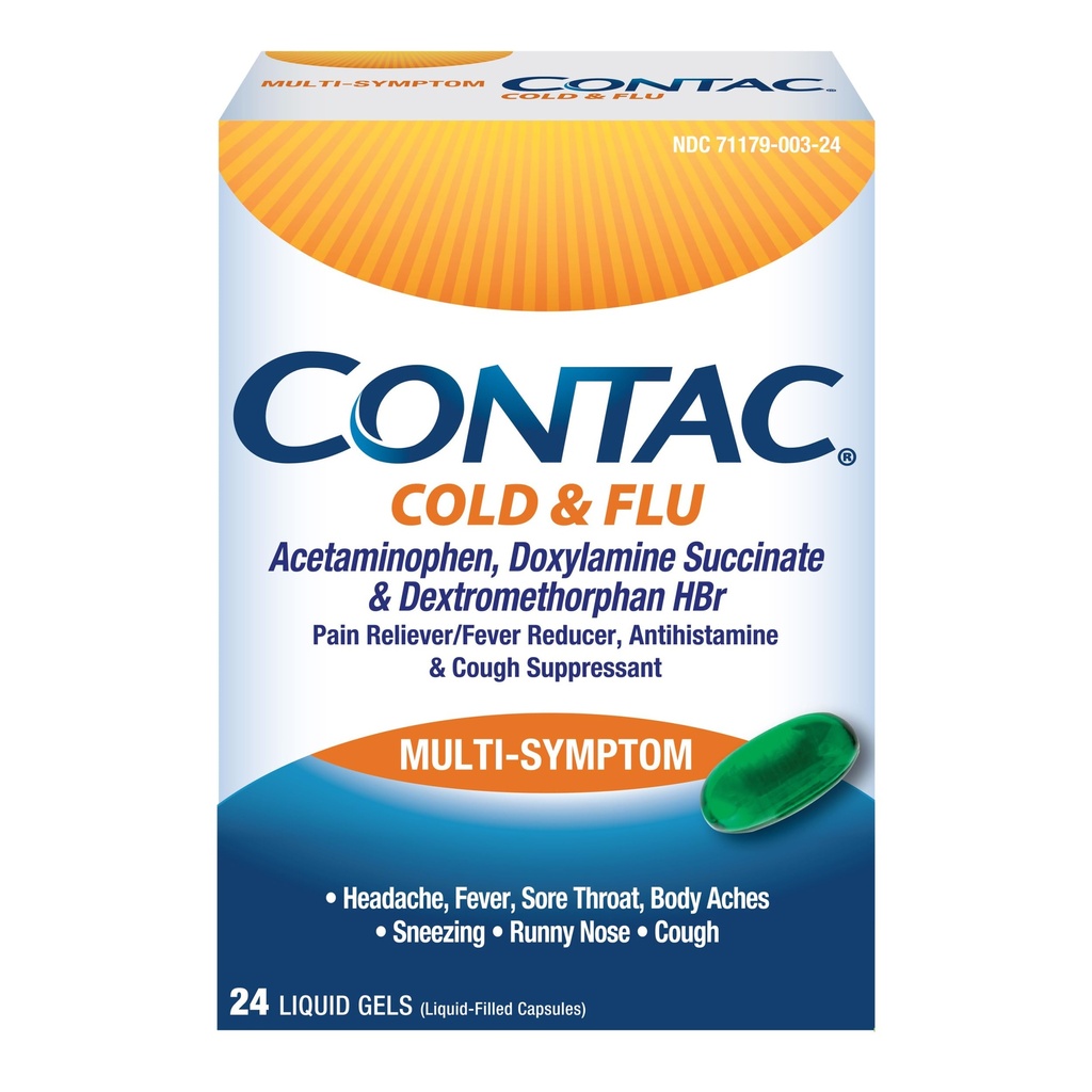 Contac Cold & Flu Medicine, Powerful, Multi-Symptom Relief for Pain, Fever, Sore Throat, Body Aches, Sneezing, Runny Nose & Cough, Flu & Cold Medicine for Adults and Kids 12+, 24 Count Liquid Gels