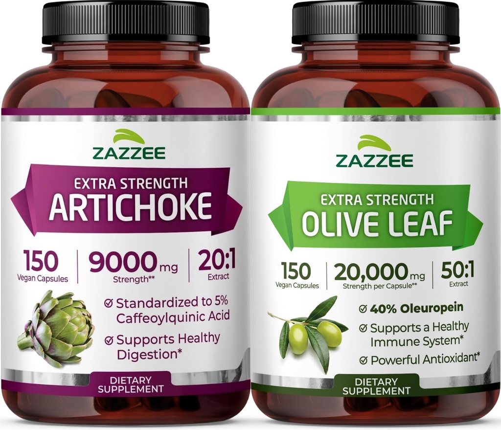 Zazzee Herbal CardioVascu Support Bundle | 50x Concentrated Olive Leaf Plus 20:1 Artichoke Leaf Extract Capsules | Non-GMO Vegan & ISO Lab Tested (150 Servings Each)