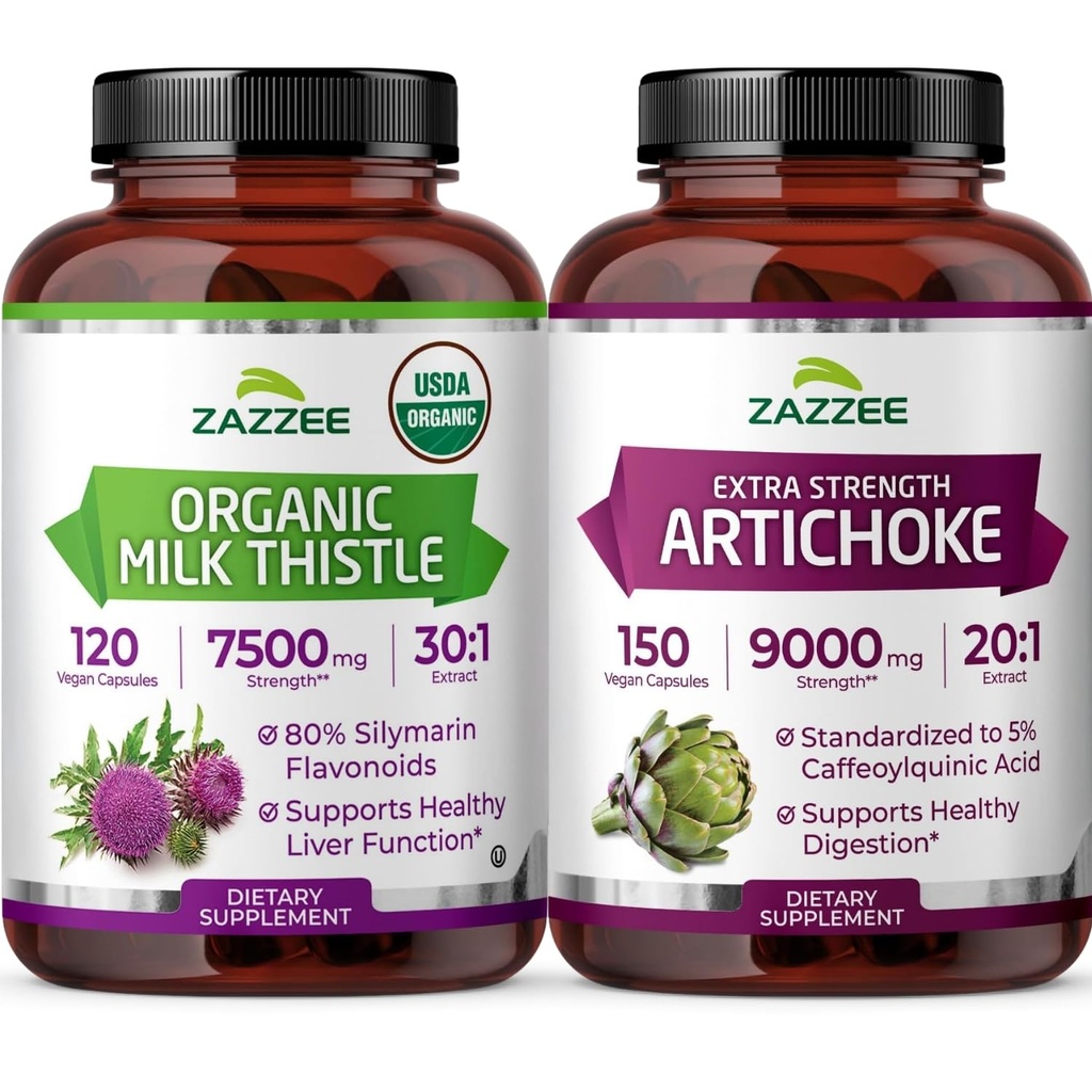 Zazzee USDA Organic Milk Thistle and Artichoke Supplement | 20:1 Artichoke Leaf Extract Plus 30:1 Milk Thistle Extract | Liver Cleanse Detox Bundle | Non-GMO Vegan & ISO Lab-Tested