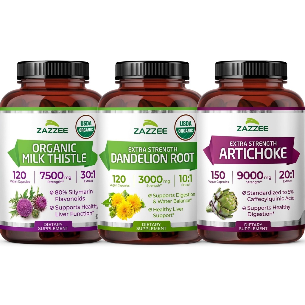 Zazzee Dandelion Artichoke & Milk Thistle Bundle | 20:1 Artichoke Leaf Extract Plus 10:1 Organic Dandelion Root and 30:1 Organic Milk Thistle Extract | Liver Cleanse Detox Bundle