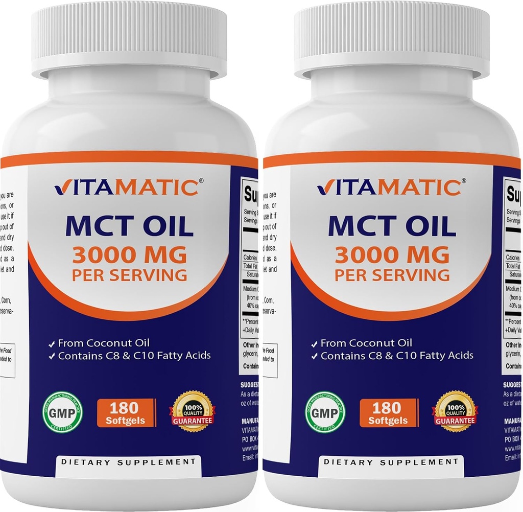 Vitamatic 2 συσκευασίες MCT Oil Κάψουλες 3000 mg ανά Σερβίρισμα - 180 Softgels - από Λάδι καρύδας - Περιέχει 55% καπρυλικό οξύ C8 και 40% καπρικό οξύ C10 (Σύνολο 360 Softgel)