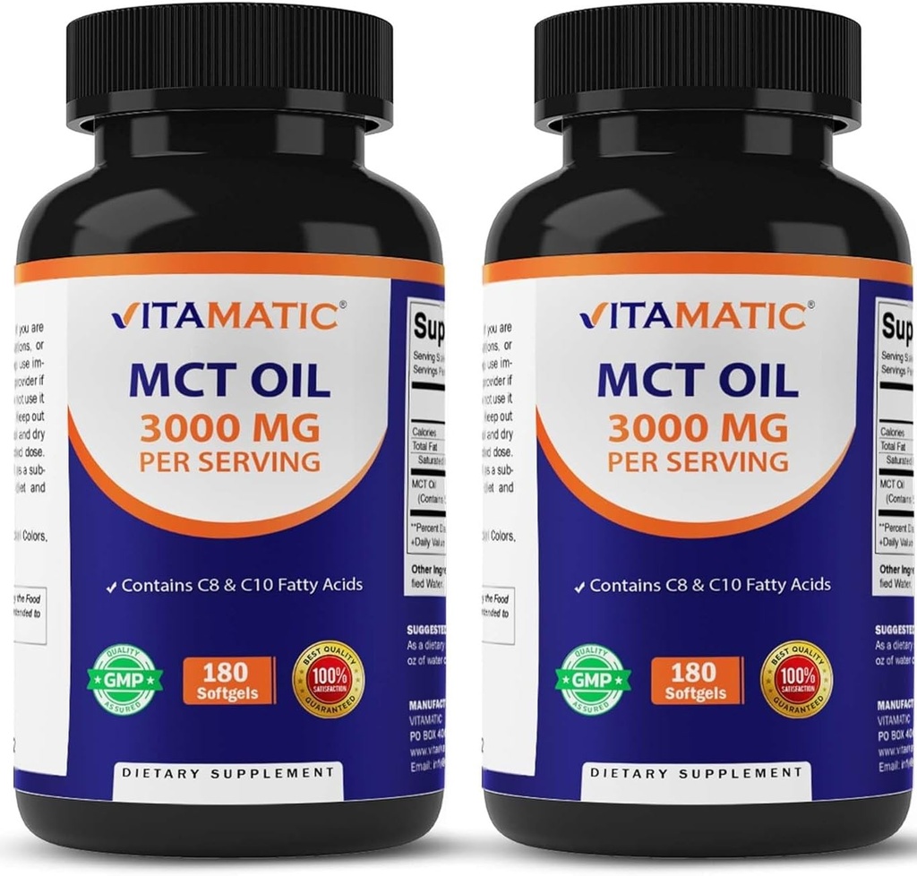 Vitamatic 2 συσκευασίες MCT Oil Κάψουλες 3000 mg ανά Σερβίρισμα - 180 Softgels - από Λάδι καρύδας - Περιέχει 55% καπρυλικό οξύ C8 και 40% καπρικό οξύ C10 (Σύνολο 360 Softgel)