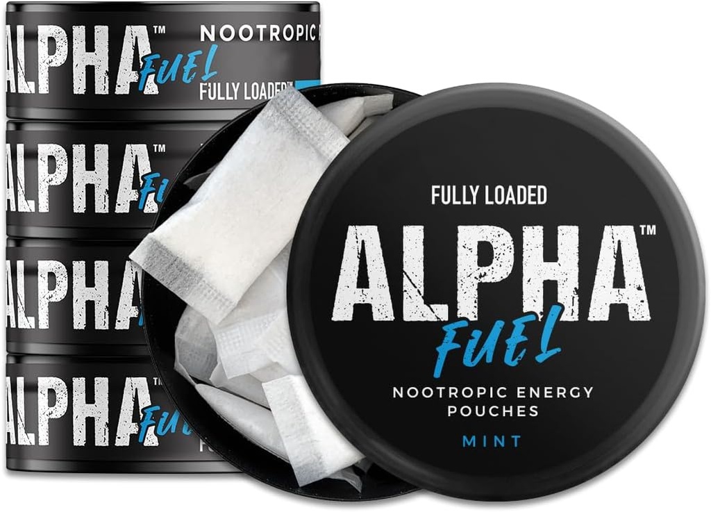 Πλήρως φορτωμένο Alpha Fuel Nootropic Pouches (Mint Fuel) - 5 Cans, 15 Pouches per can - Nootropic Energy Pouches with Caffeine, Alpha GPC, Tyrosine, Taurine, Guarana και More.