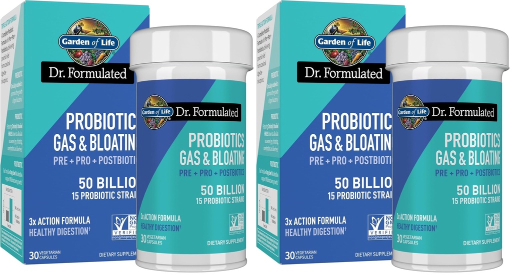 Garden of Life Dr. Formulated Pre, Post & Probiotics Gas & Bloating Once Daily 3-in-1 Complete Prebiotics, Postbiotics & Probiotics – 50 Billion CFU, Non-GMO, Gluten-Free, 30 Day Supply, (Pack of 2)