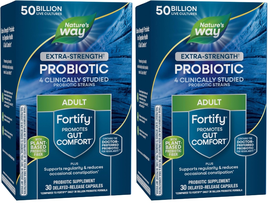 Nature's Way Extra Strength(1) Fortify Probiotic, Probiotics for Digestive Health, Prebiotics,50 Billion Live Cultures,Digestive & Immune Health Support*,30 Κάψουλες,(Pack of 2)