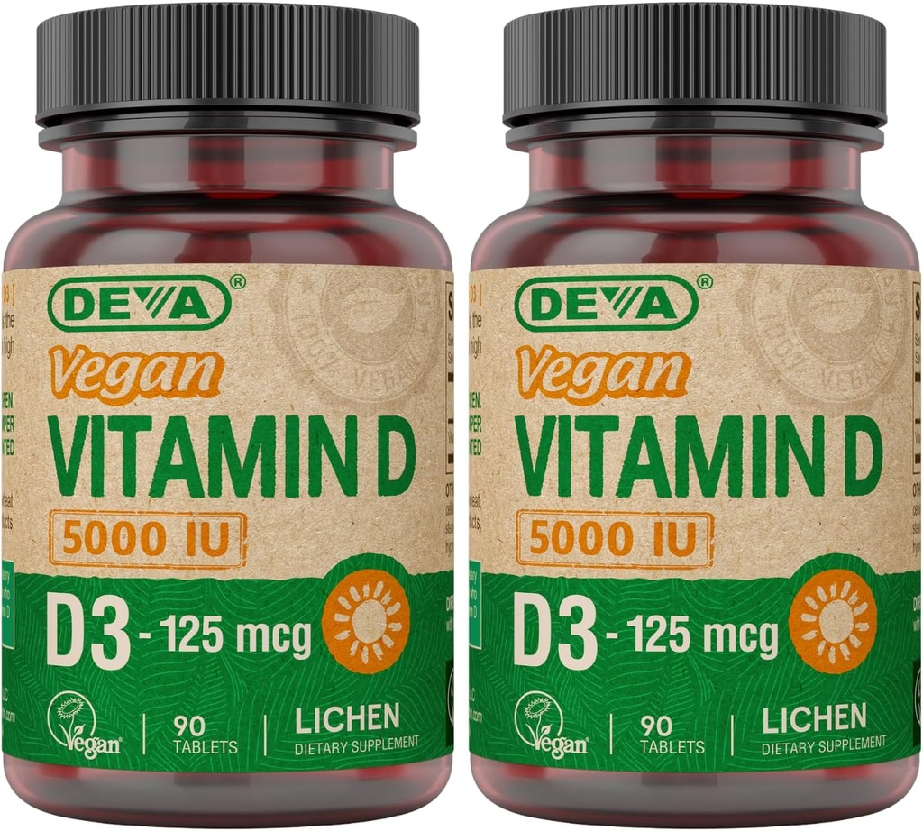 DEVA Βιταμίνη D3 5000 IU, Συμπλήρωμα ηλιαχτίδας, 125 mcg Vegan D3, 90-Count φιάλη (πακέτο του 2)