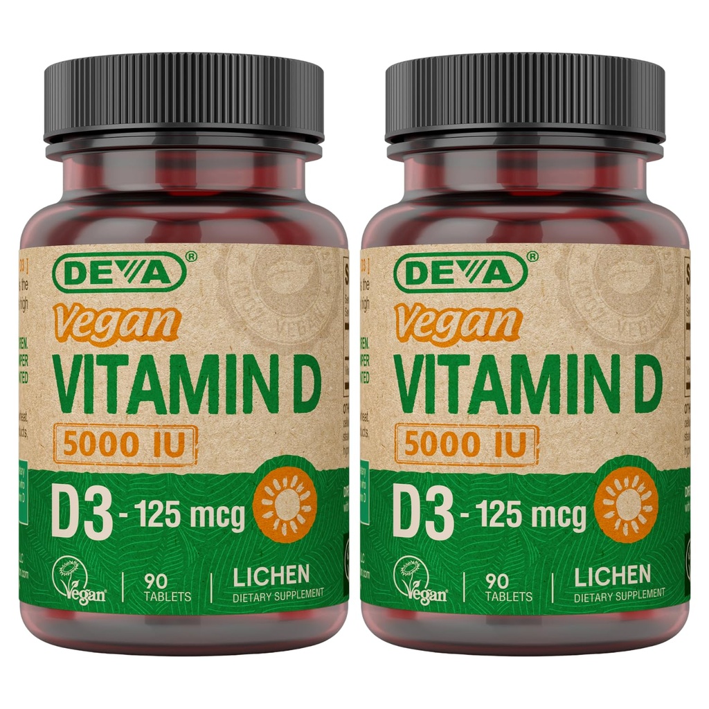 DEVA Vitamin D3 5000 IU, Sunshine Supplement, 125 mcg of Vegan D3, 90-Count Bottle (Pack of 2)