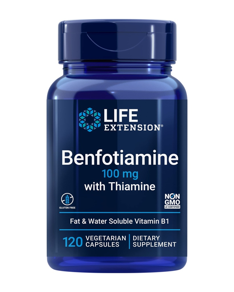 Life Extension Benfotiamine with Thiamine, 100 mg benfotiamine, Cardiovascular Health, Brain Health, Non-GMO, Gluten-Free, 120 Vegetarian Capsules