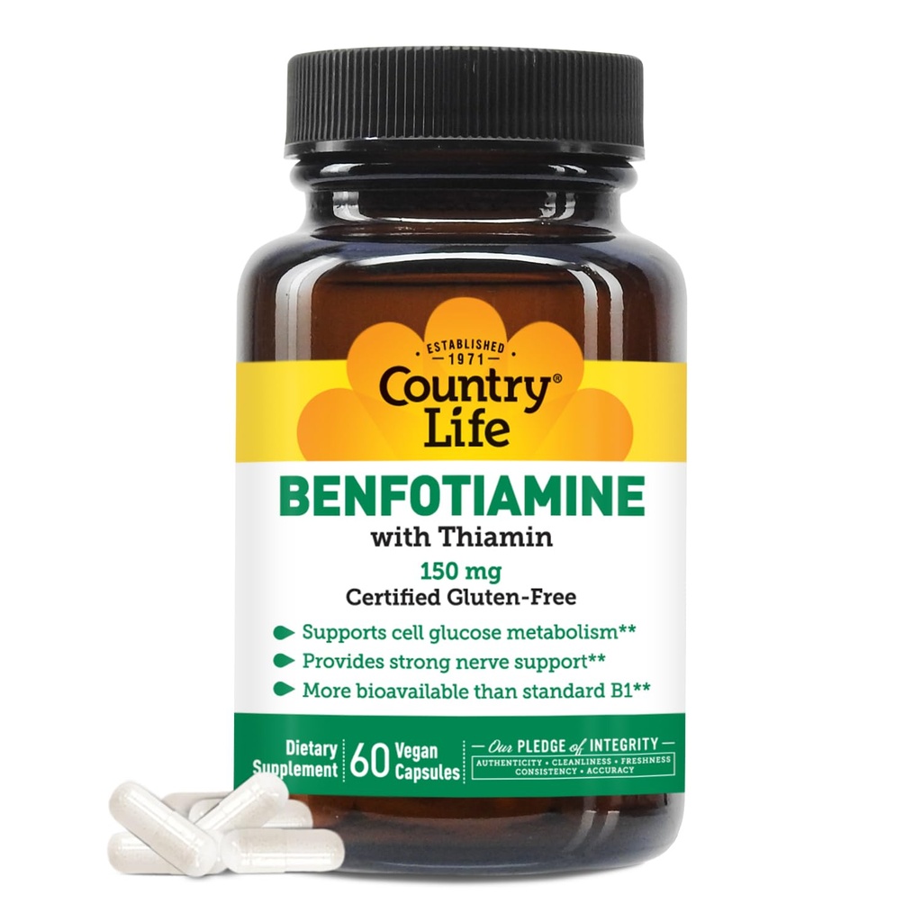 Country Life Benfotiamine with Thiamin, Nerve Health Support, 150mg, 60 Vegetarian Capsules, Certified Gluten Free, Certified Vegan