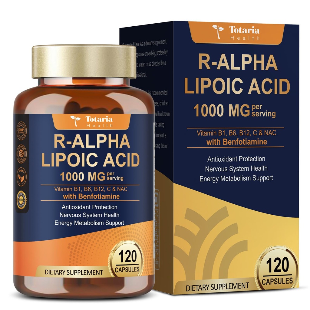 R Alpha Lipoic Acid 1000mg with Benfotiamine - Sodium ALA Supplement for Neuropathy Support Nerve Health & Antioxidant, Cell Energy, Metabolism and Anti-Aging, Non-GMO, Gluten Free, Vegan 120 Counts