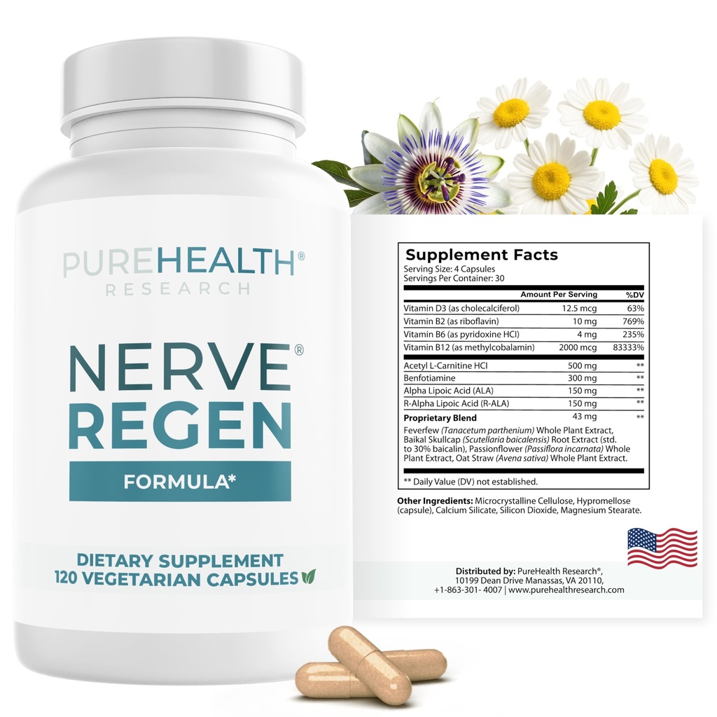 PUREHEALTH RESEARCH Nerve Regen Formula - Nerve Support Supplement for Feet & Hands - with Alpha Lipoic Acid ALA, Benfotiamine, Acetyl L-Carnitine, Riboflavin, Vitamin B6, B12, D & More - 120 Capsules