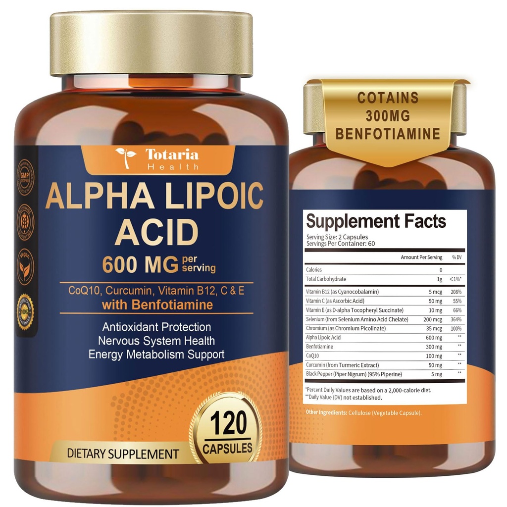 Alpha Lipoic Acid 600mg with Benfotiamine 300mg - ALA Supplement for Antioxidant, Nerve Health, Energy & Metabolism Support, Cell Energy, Neuropathy Supplement, Anti-Aging, Non-GMO, Gluten Free, Vegan
