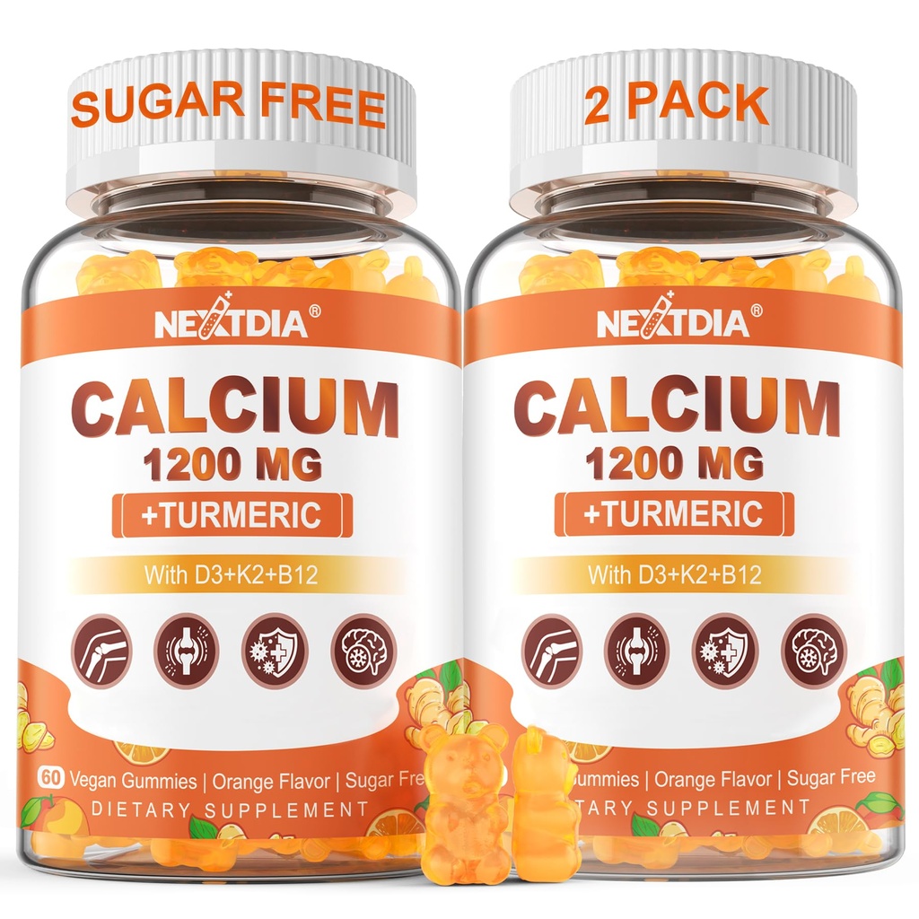 Ασβέστιο 1200 mg με βιταμίνη D3 Gummies - Ασβέστιο + Κουρκουμάς συμπλήρωμα για γυναίκες και άνδρες με βιταμίνη K2 B12 - Υποστήριξη Οστών & μυών - Χωρίς ζάχαρη - Vegan (120 Count)