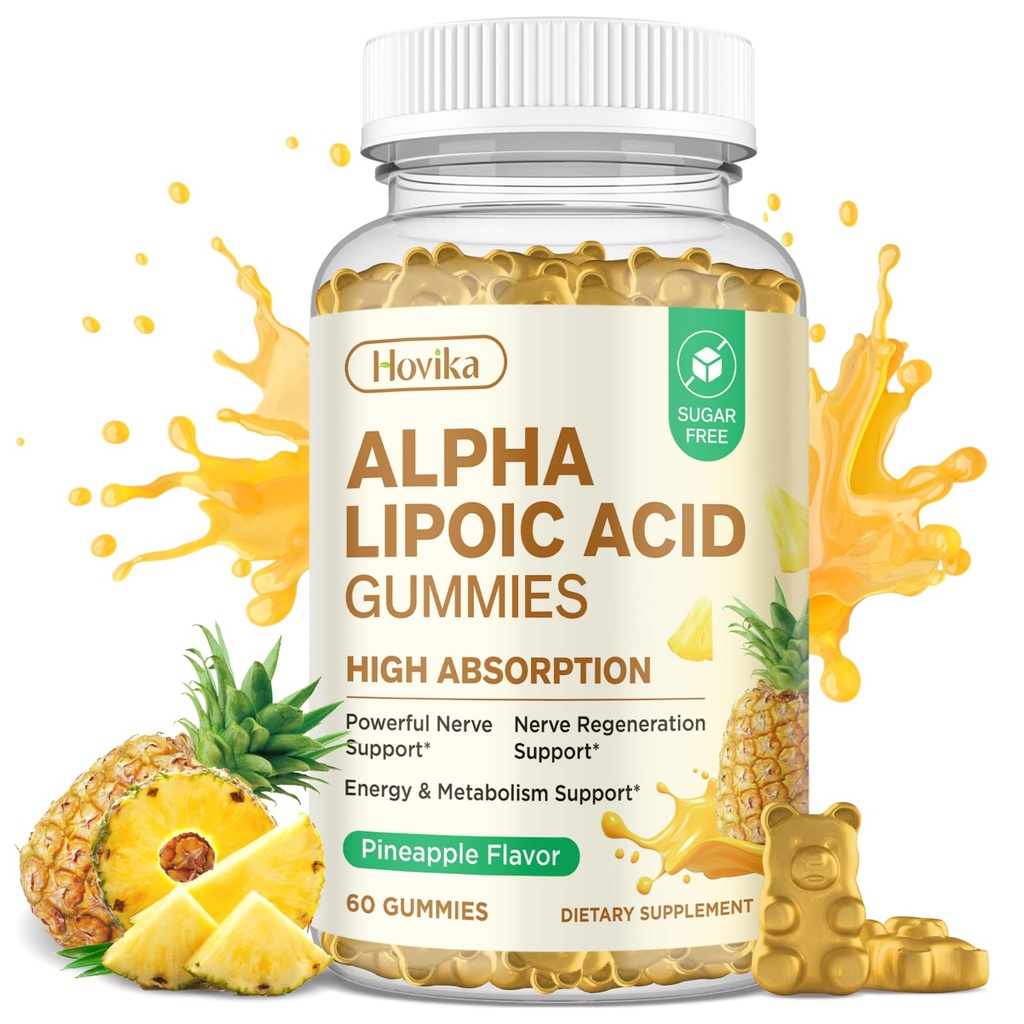 Alpha Lipoic Acid Gummies 600mg, ALA Supplement with Benfotiamine, Magnesium, NAC, Vitamin C & B12 for Nerve Support, Antioxidant and Energy & Metabolic, Vegan, Sugar Free, Pineapple Flavor, 60 Counts