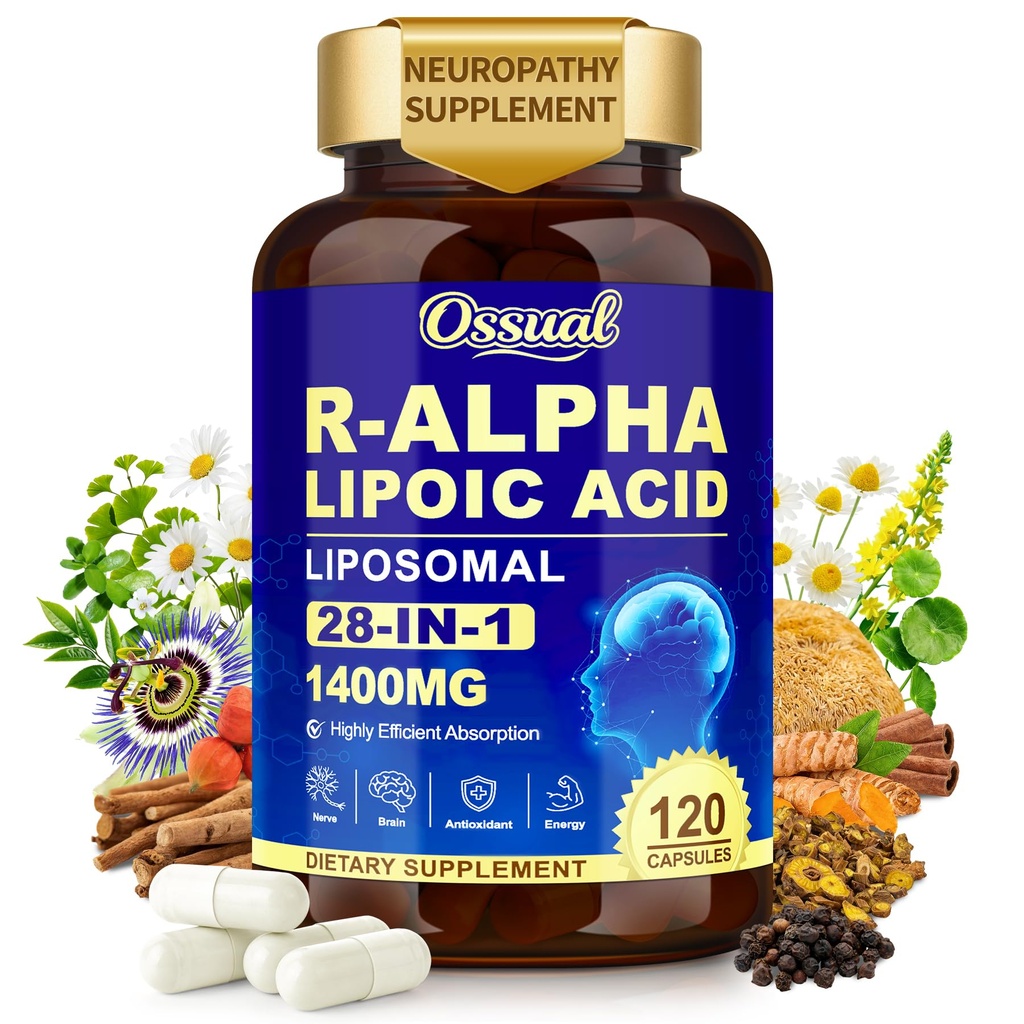 R Alpha Lipoic Acid 1400mg Neuropathy Supplements, 28-in-1 Stabilized ALA Supplements with L-Carnitine, NAC & Benfotiamine, R-ALA Supplement Antioxidant for Nerve, Brain, Energy丨Vegan, 120 Capsules
