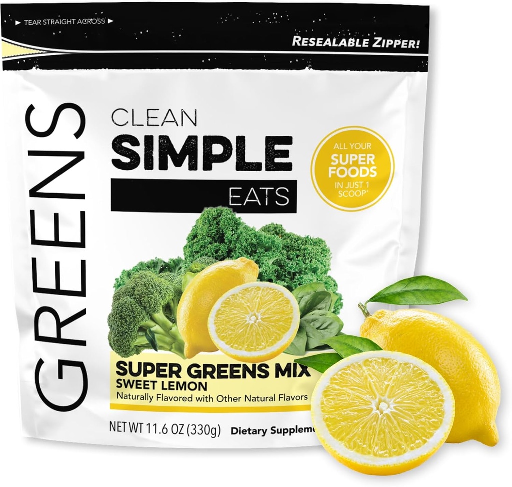 Clean Simple Eats Super Greens Powder, φυσικά αρωματισμένη πράσινη σκόνη με Chlorella, Spirulina, Superfoods & Prebiotic Fiber, Δεν τεχνητά συστατικά, Γλουτένη Χωρίς, Γλυκό άρωμα λεμόνι, 30 εξυπηρετούν