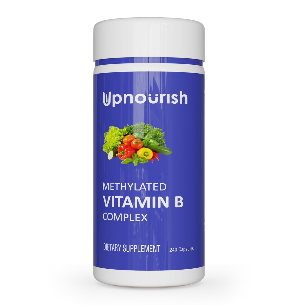 UpNourish Methylated B Complex Vitamins for Women and Men, 240 Veggies Capsules - Active Pure B Complex with Organic Fruits, Vegetables, B1 Thiamine, B2 Riboflavin, B3 Niacin, Folate, Methylcobalamin