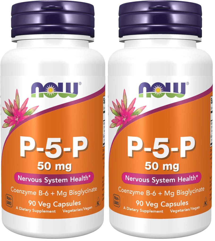 NOW Foods Supplements, P-5-P 50 mg with Coenzyme B-6 + Mg Bisglycinate, 90 Veg Capsules, (Pack of 2)