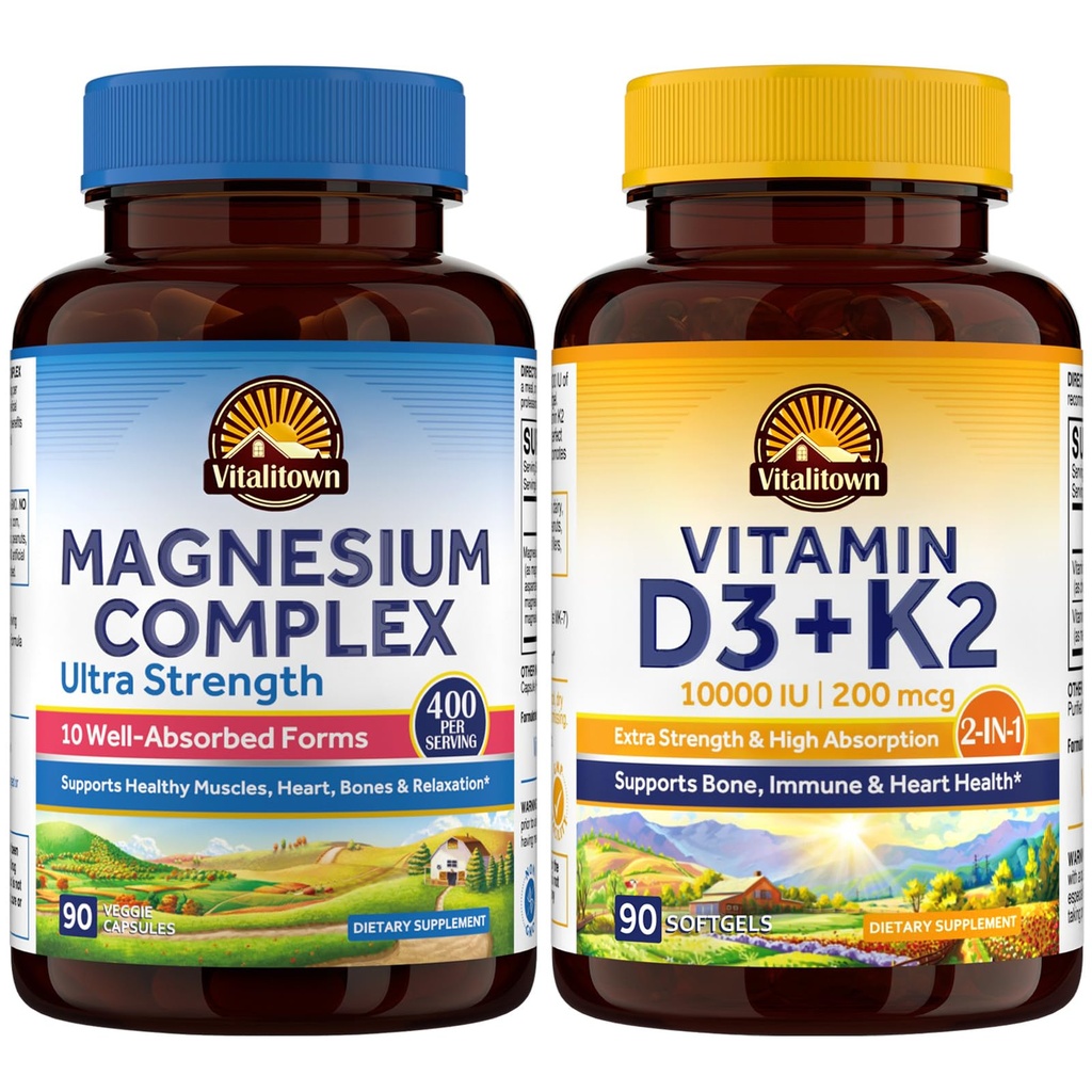 Vitalitown Ultra Magnesium & Vitamin D3 K2 Bundle (Pack of 2) | 10 in 1 Magnesium Complex & 10000 IU D3, MK-7 | for Bone Muscle Heart Sleep Teeth & Immune| 90 Mag Capsules & 90 D3 Softgels