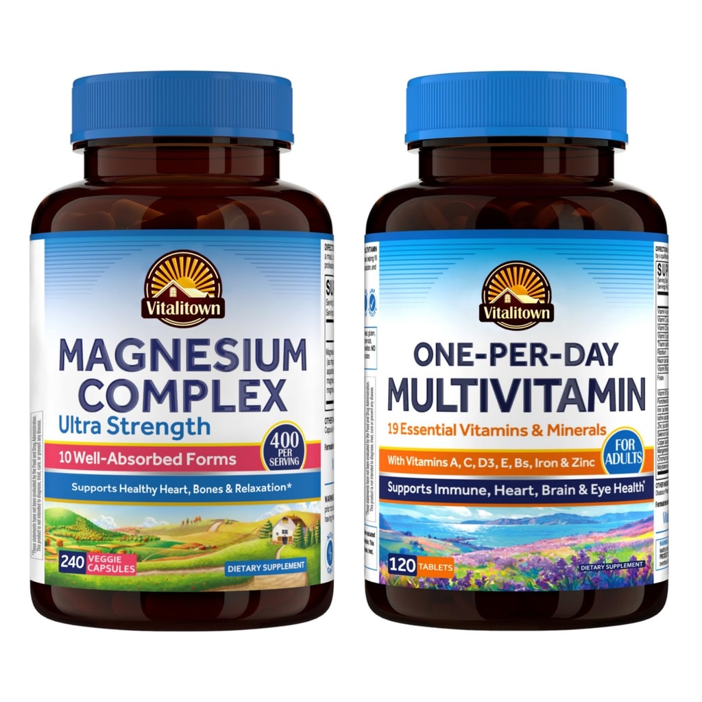 Vitalitown Magnesium Complex & Daily Multivitamin Bundle (Pack of 2) | Magnesium 400mg (Item 1) & Multivitamin with Iron, Zinc (Item 2)