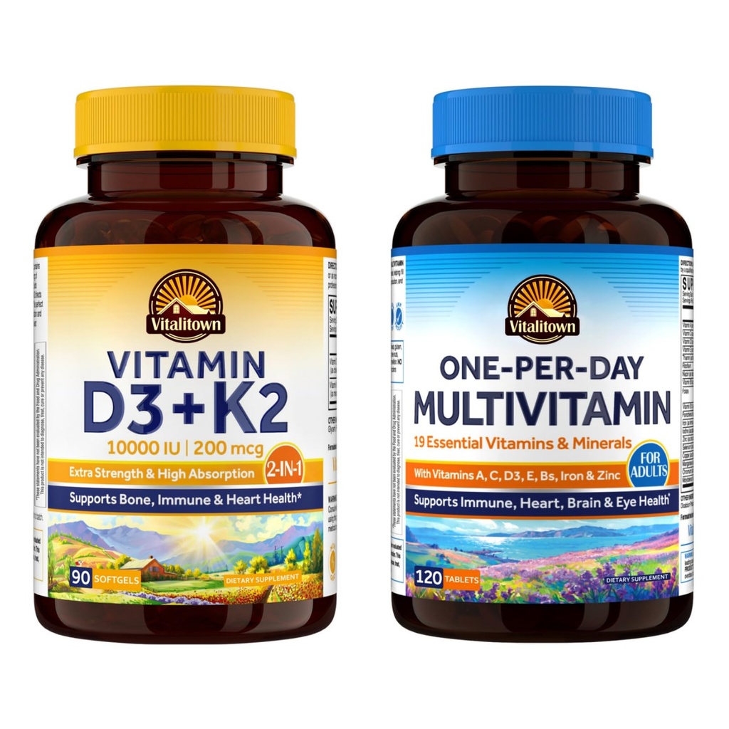 Vitalitown Vitamin D3 K2 & Daily Multivitamin Bundle (Pack of 2) | Vitamin D3 10000 IU + K2(Item 1) & Multivitamin with Iron & Zinc (Item 2)