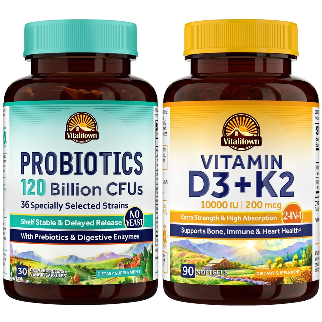 Vitalitown Probiotic + Vitamin D3 K2 Bundle (Pack of 2) | Probiotics 120 Billion CFUs (Item 1) & Vitamin D3 10000 IU Vitamin K2 (MK7) 200 mcg (Item 2) | 30 Probiotic Capsules & 90 Capsules