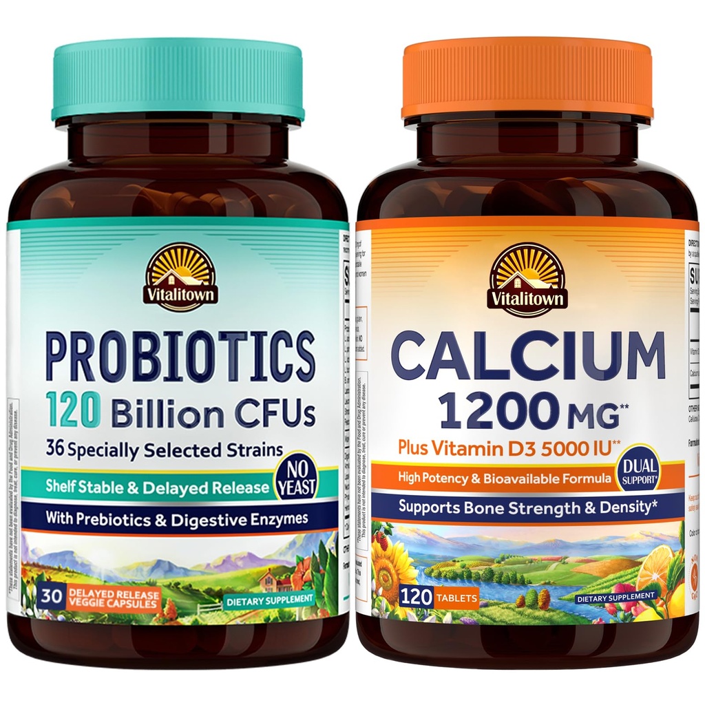 Vitalitown Probiotics & Calcium Bundle: 120 Billion CFU with Prebiotics & Enzymes for Digestive & Immune Support Plus High Absorption Calcium with D3 for Bone Strength
