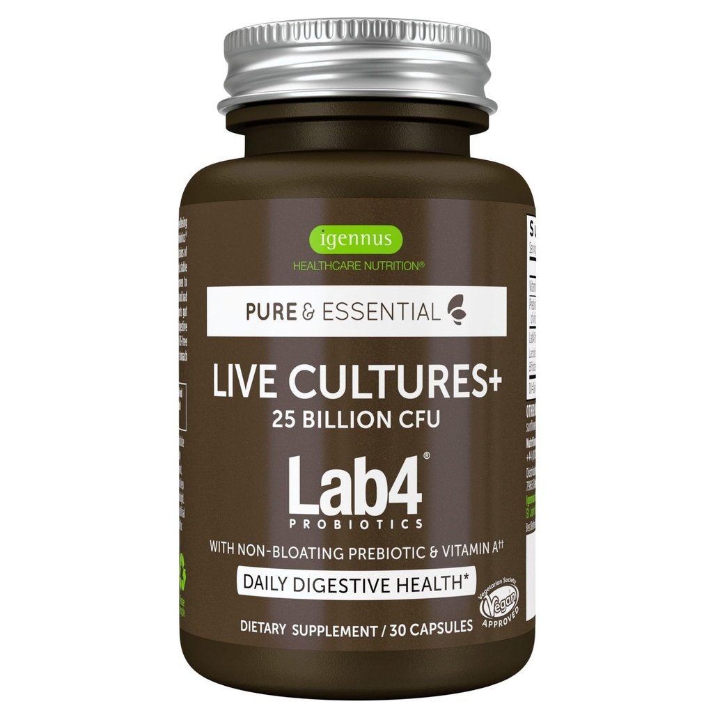 Igennus Probiotics & Prebiotic 2 in 1, Lactobacillus Acidophilus & Bifidobacterium, Υποστήριξη για την Υγεία των Ούρων, Live Cultures+ Lab4, Εγγυημένα 25 δισεκατομμύρια CFU, Γυναίκες & Άνδρες, Μη-Bloating, Μη-GMO, 30 κάψουλες