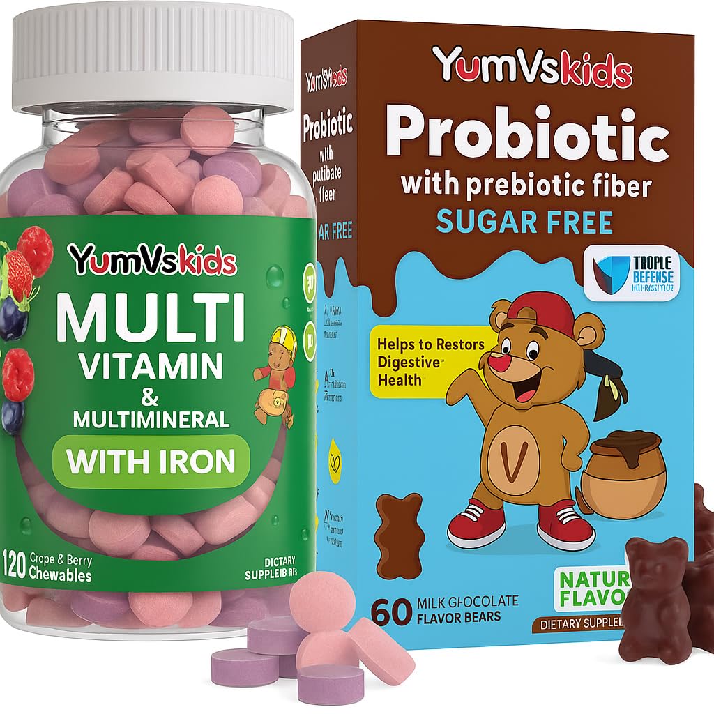 YUM-V'S Probiotics & Multivitamin Bundle for Kids – Probiotic with Prebiotic Fiber Chocolate Bears + Multivitamin & Multimineral with Iron Chewables – Digestive, Immune & Overall Health Support