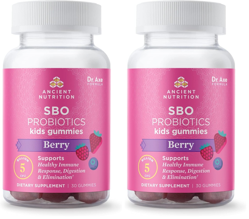 Ancient Nutrition Probiotics for Kids, Kids Probiotics Gummies, Berry, Supports Gut Health, 5B CFUs/Serving, Reduces Occasional Bloating and Constipation, 30 Count (Pack of 2)
