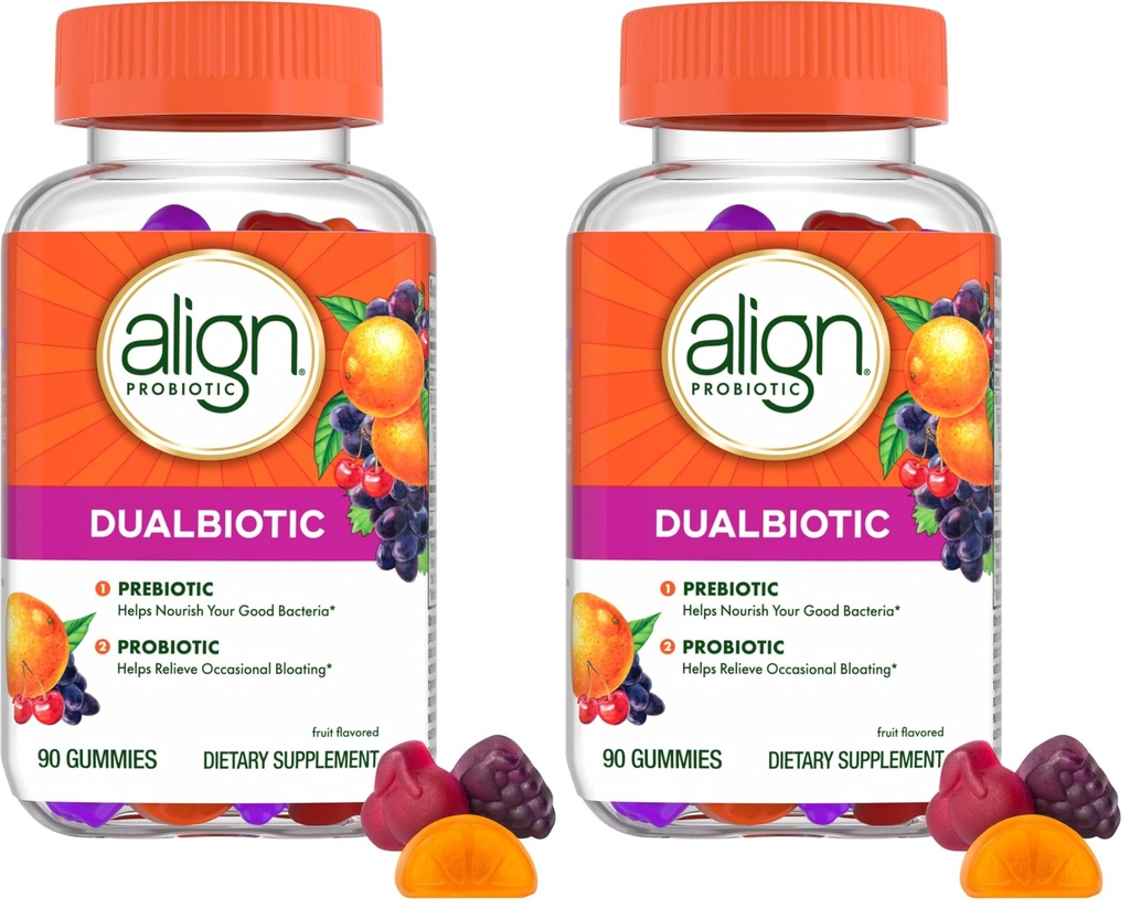 Align Dualbiotic, Prebiotics and Probiotics for Women and Men, Probiotics for Digestive Health, Prebiotics Help Nourish Good Bacteria, Natural Fruit Flavors, 90 Probiotic Gummies,(Pack of 2)