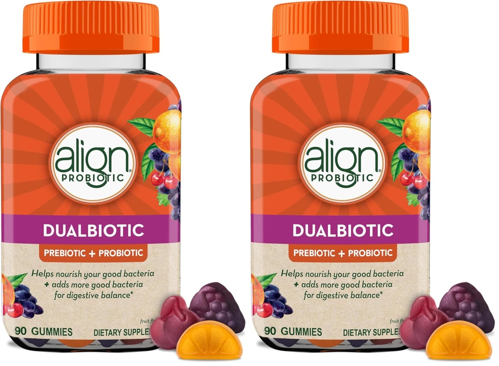 Align Dualbiotic, Prebiotics and Probiotics for Women and Men, Probiotics for Digestive Health, Prebiotics Help Nourish Good Bacteria, Natural Fruit Flavors, 90 Probiotic Gummies,(Pack of 2)