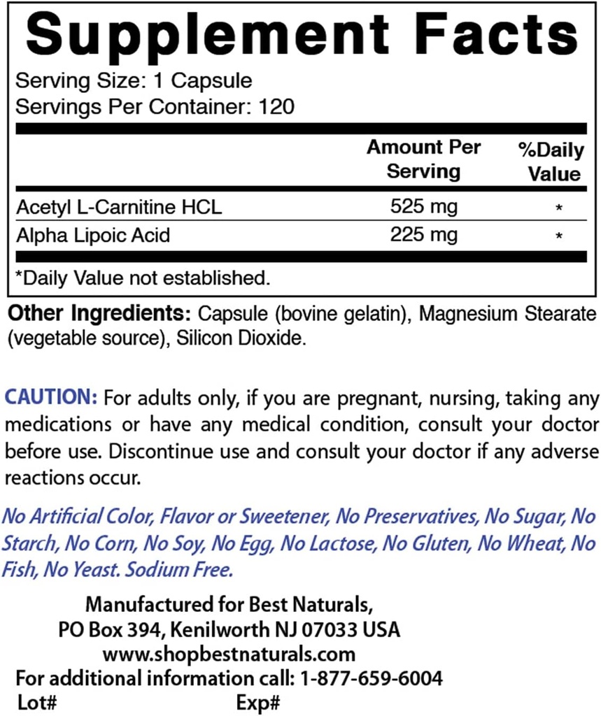 Best Naturals Acetyl L-καρνιτίνη και άλφα λιποϊκό οξύ 750 mg & γλυκονικό ψευδάργυρο 50mg
