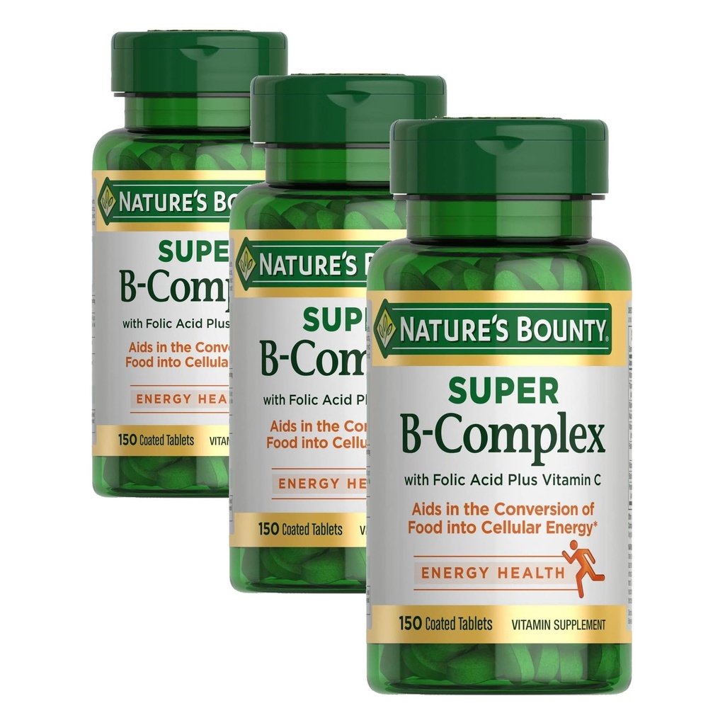 Nature's Bounty Super B Complex Vitamins with Vitamin C & Folic Acid,Vitamins for Immune & Cellular Energy Support,150 Tablets,(Pack of 3)