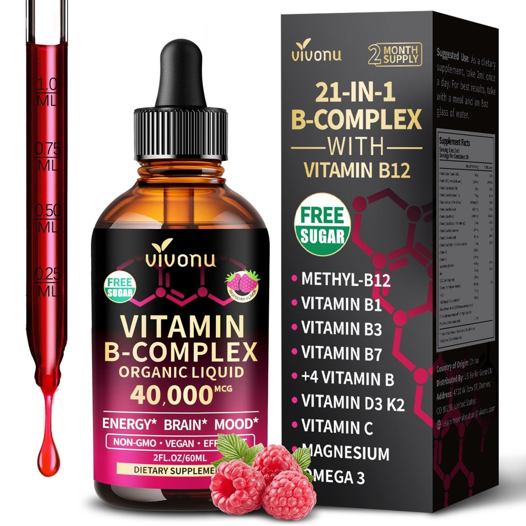 VivoNu Vitamin B Complex Liquid Drops, Methylated Vitamin B12 6000 mcg, B1, B6, B3, B5, B2, Folate, Biotin with Vitamin C D A E, Magnesium, Zinc, CoQ10 for Energy (1 Bottle)