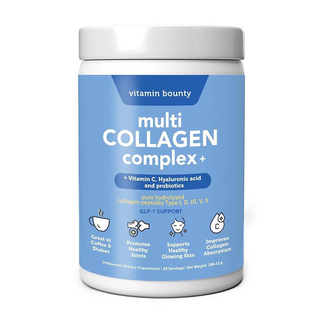 Vitamin Bounty Multi Collagen Peptides Powder for Men & Women (Complex Plus) - 5 Types Hydrolyzed Collagen Protein - Probiotics, Vitamin C & Hyaluronic Acid - Grass Fed Bovine Supplements, 28 Servings