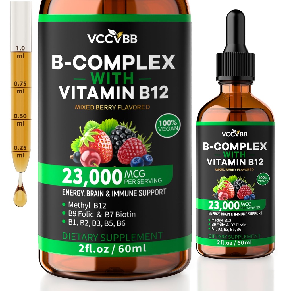 Vitamin B Complex Drops, Active B12 Methylcobalamin 5000mcg, B6, B1, B2, B5, B7, B3, Folate with Vitamin C, B12 Sublingual Liquid Fast Absorption | Boost Energy, Focus & Immunity, Vegan | 60 Servings