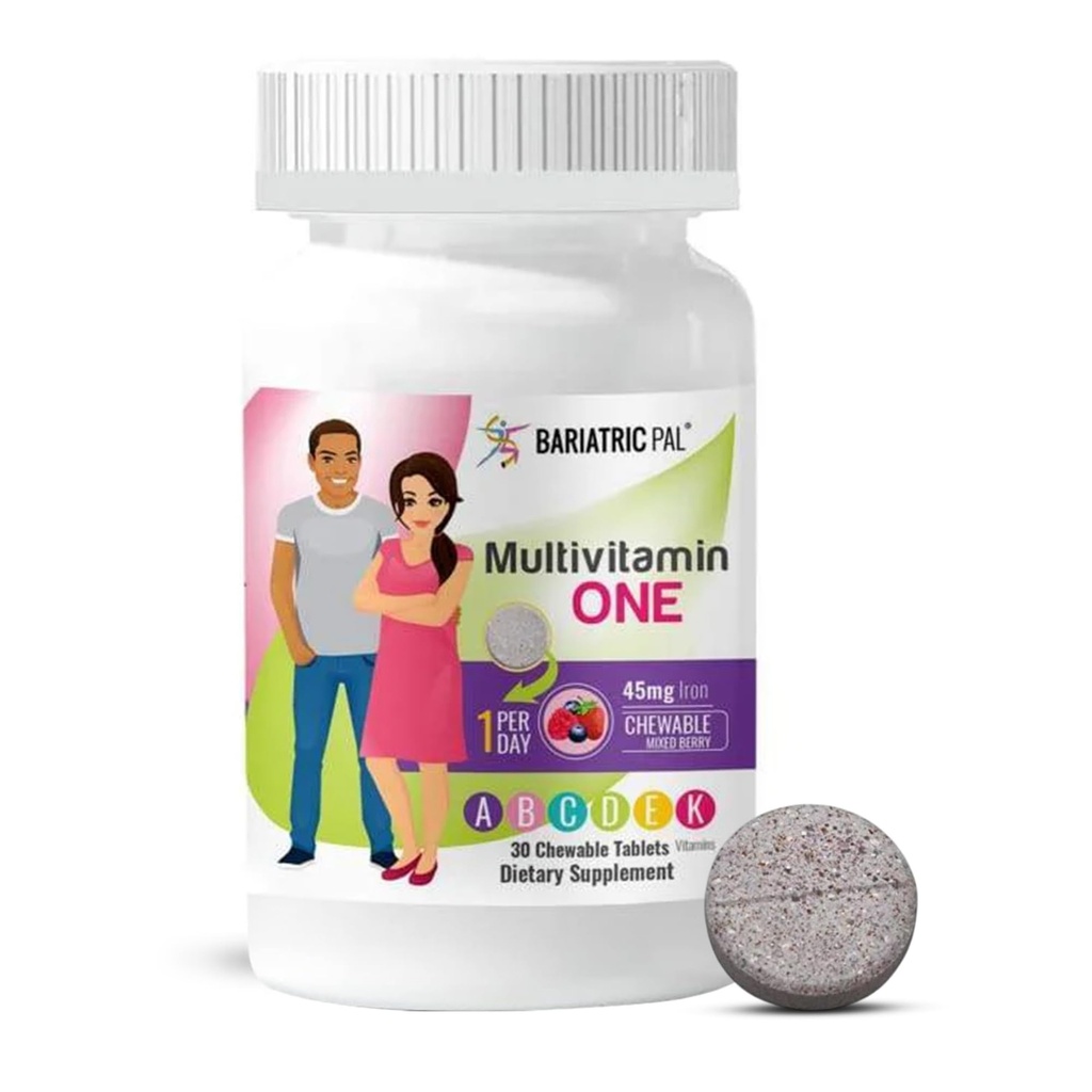 BariatricPal Multivitamin ONE 1 per Day! Bariatric Multivitamin Chewable with 45mg Iron - Mixed Berry (30 Count)