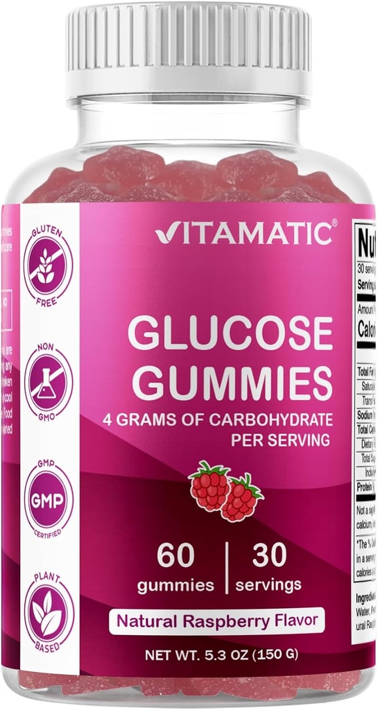 Vitamatic Glucose μασώμενα Gummies - 60 Count - Φυσικό άρωμα βατόμουρο - 4G υδατάνθρακες ανά Σερβίρισμα (1 φιάλη)