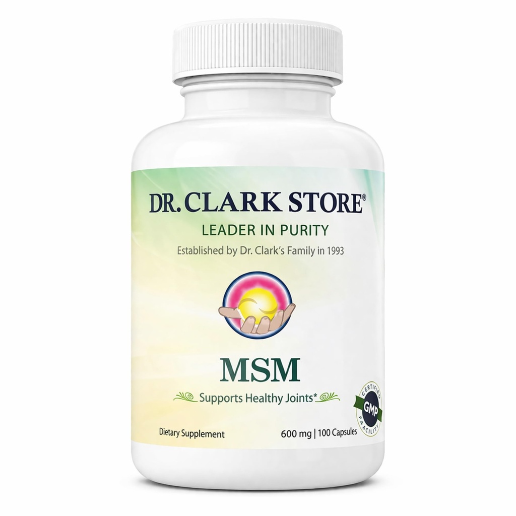Dr Clark Store MSM Supplement 600mg 100 Gelatin Capsules Daily Bioavailable Dietary Sulfur for Comfortable Movement, Joint Flexibility and Skin Appearance Support, Gluten Free, Non-GMO, USA Made