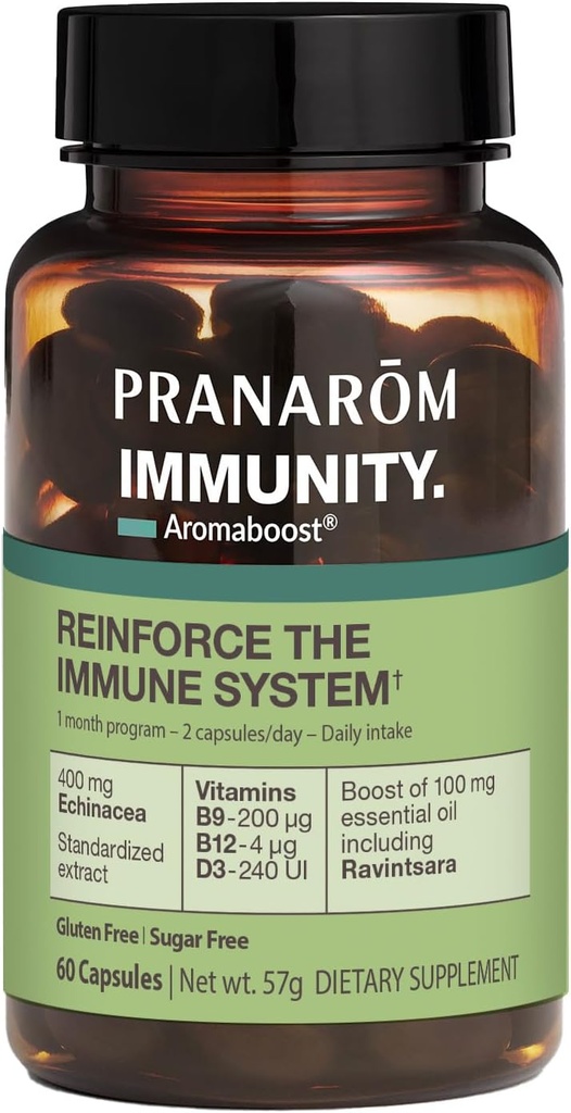 Pranarom - Aromaboost Ανοσία Βότανο συμπλήρωμα - Μαύρο Cumin, Echinacea, Βιταμίνες B9, B12, D3, Pure Ravintsara Αιθέριο έλαιο για ανοσοποιητική υποστήριξη - 60 κάψουλες
