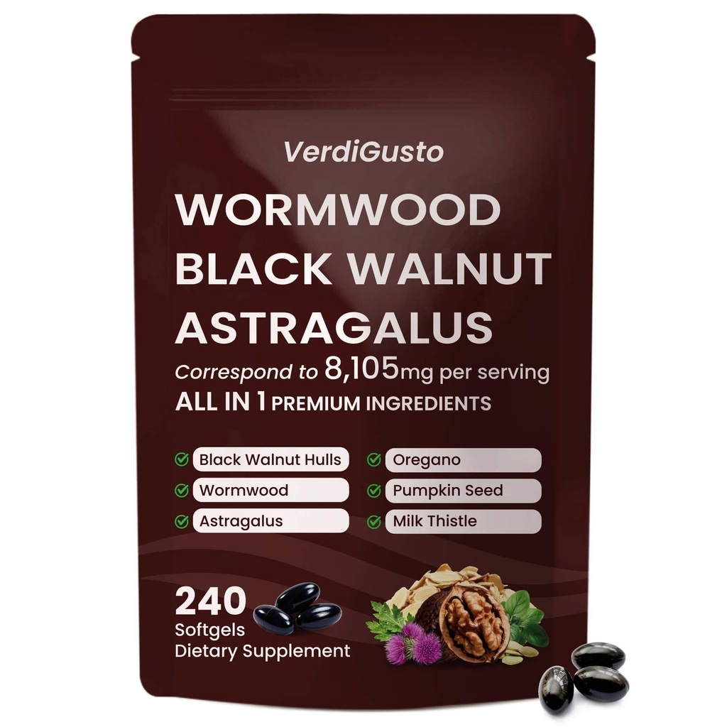 8,105mg Wormwood Black Walnut Softgels | 16-in-1 Black Walnut Hull Supplement | Astragalus, Pumpkin Seed & Milk Thistle | Digestive & Intestinal Balance | 240 Softgels, 80 Day Supply