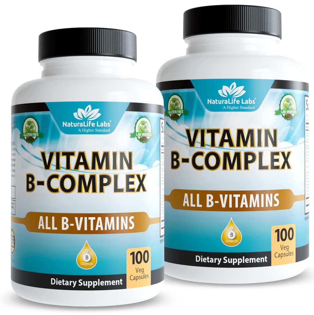 NaturaLife Labs Vitamin B Complex – All B Vitamins Including Active B2, B6, B9 & B12 (Methylcobalamin), Plus B1, B3, B5, B7 & Vitamin C – 100 Capsules (2 Pack)